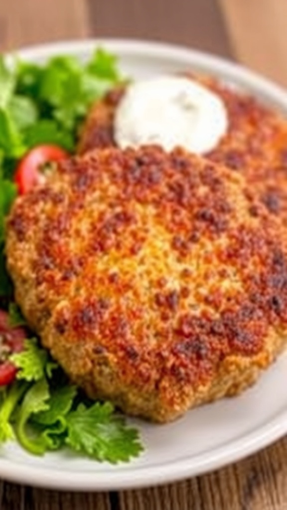 Air fryer steak haché patty served with salad and sauce on a rustic table.